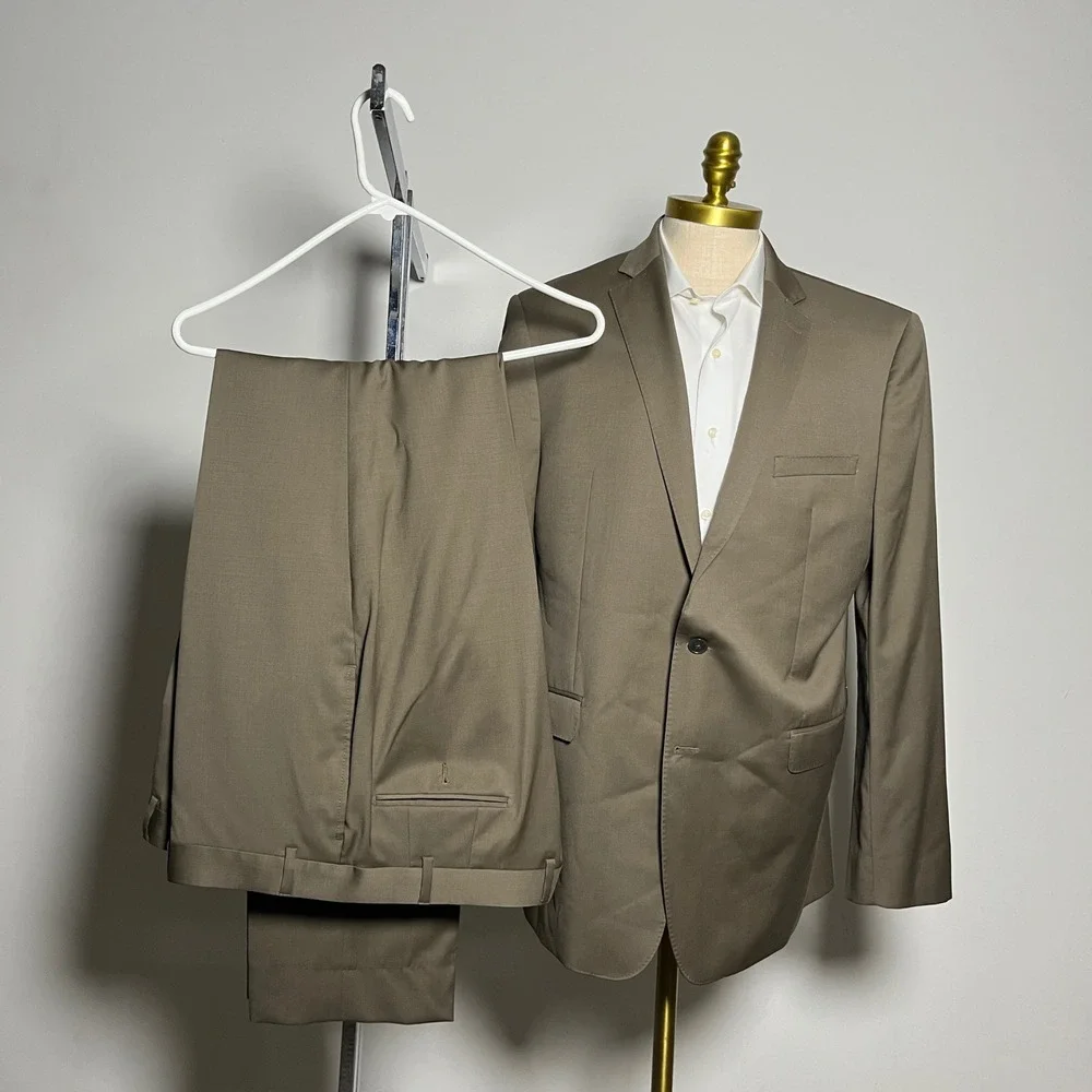 Calvin Klein Suit Mens 46L 40W Tan Solid Wool 2 Button Notch Lapel‎ Modern